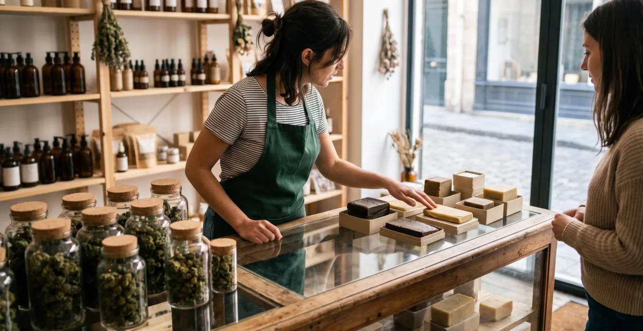 Un vendeur présente des fleurs de CBD en pots en verre et des résines en blocs sur un comptoir d'une boutique spécialisée.