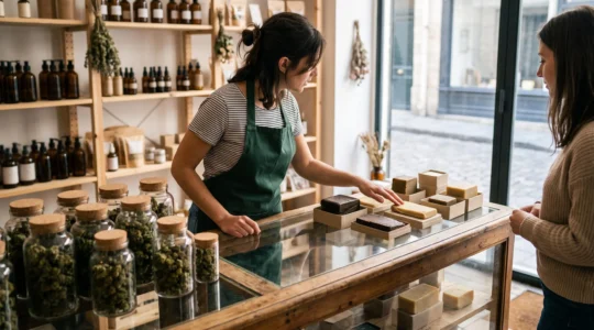 Un vendeur présente des fleurs de CBD en pots en verre et des résines en blocs sur un comptoir d'une boutique spécialisée.