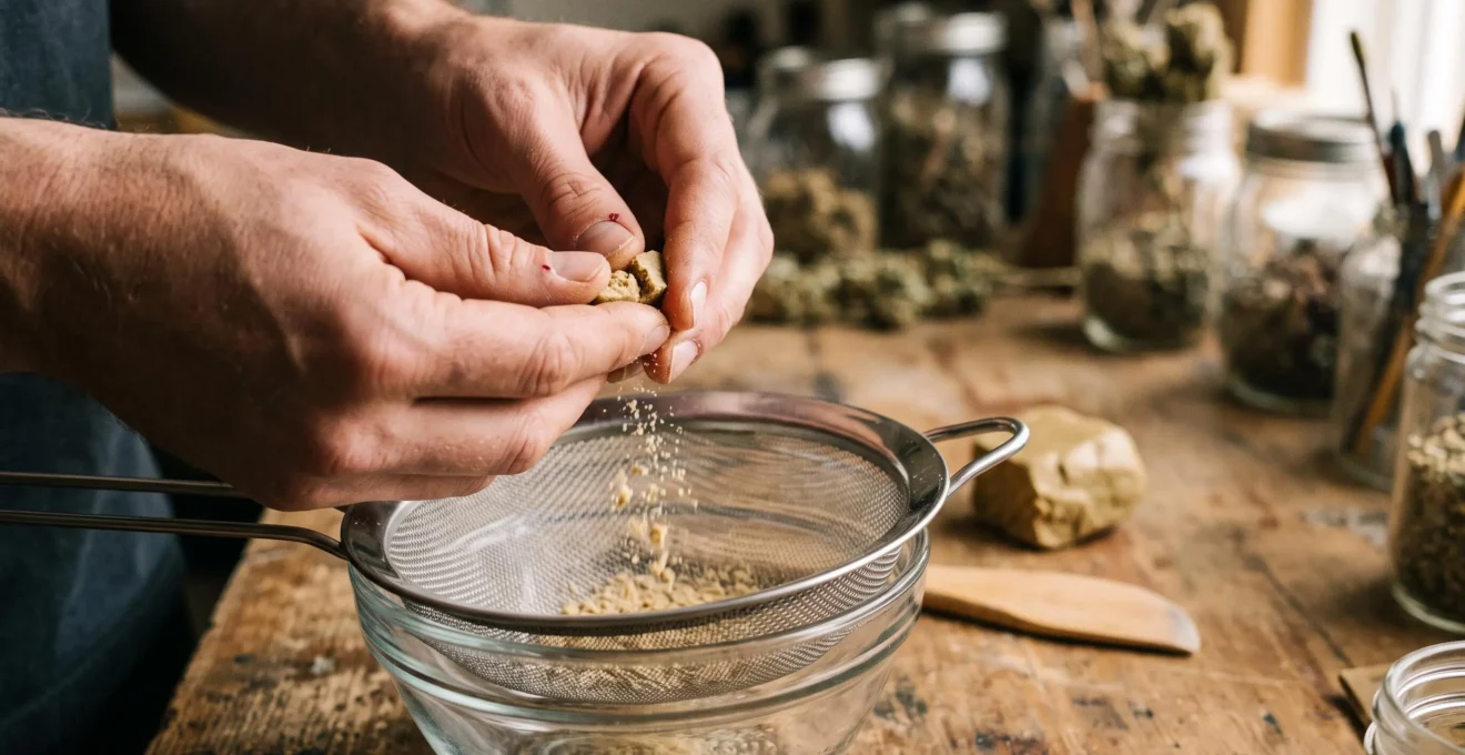 Des mains émiettent une résine blonde de CBD à travers un tamis métallique posé sur un bol en verre.