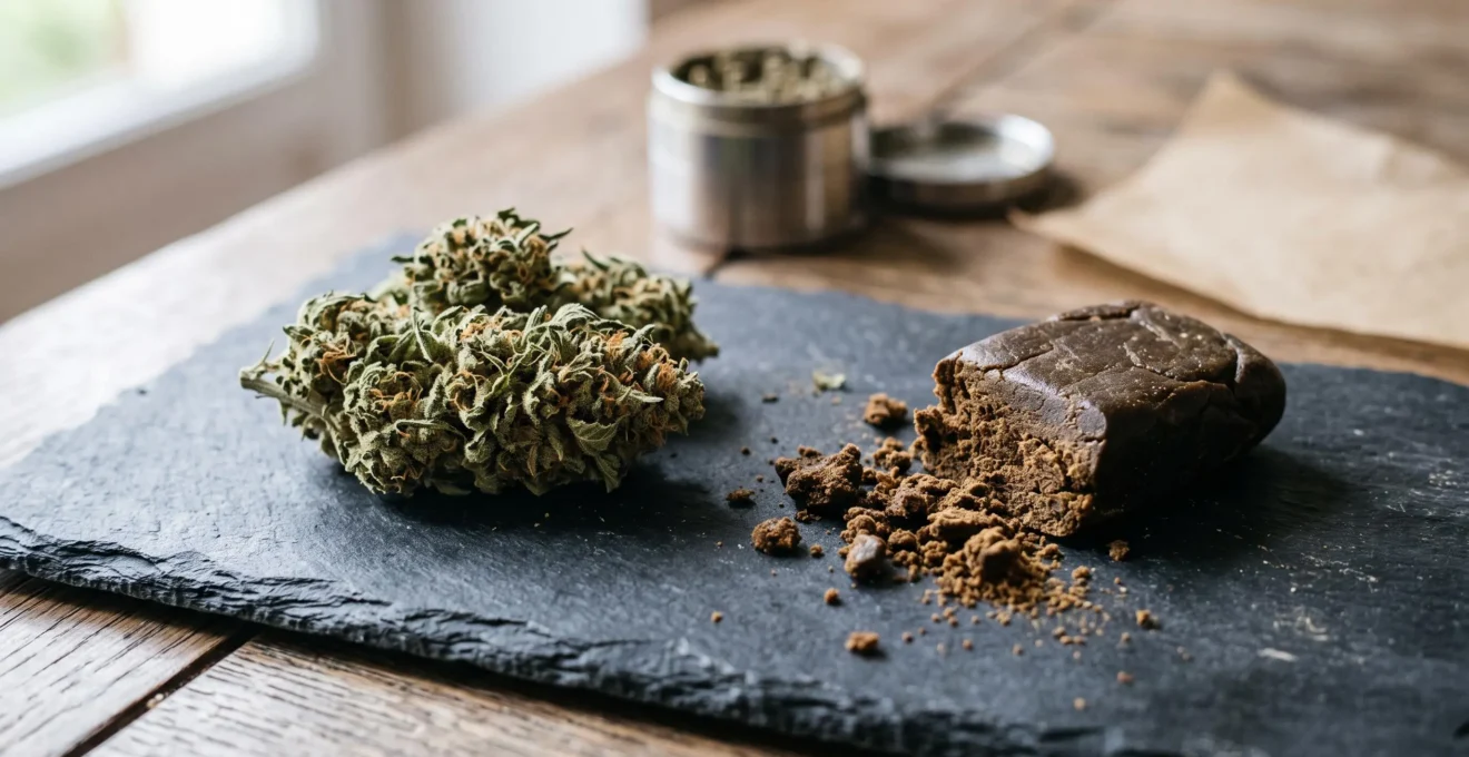 Un plateau ardoise présente côte à côte des fleurs de CBD en boutons séchés et une résine de CBD partiellement émiettée.