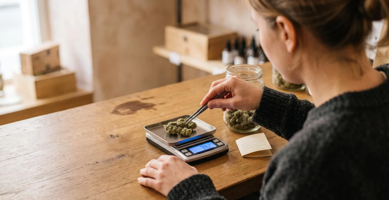Une personne pèse des fleurs de CBD sur une balance de précision posée sur un comptoir en bois.